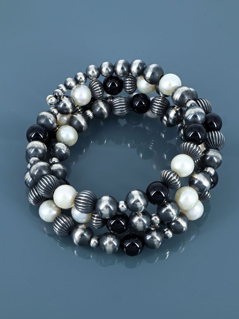 Sterling Silver Pearl and Onyx Bead Wrap Bracelet - PuebloDirect.com