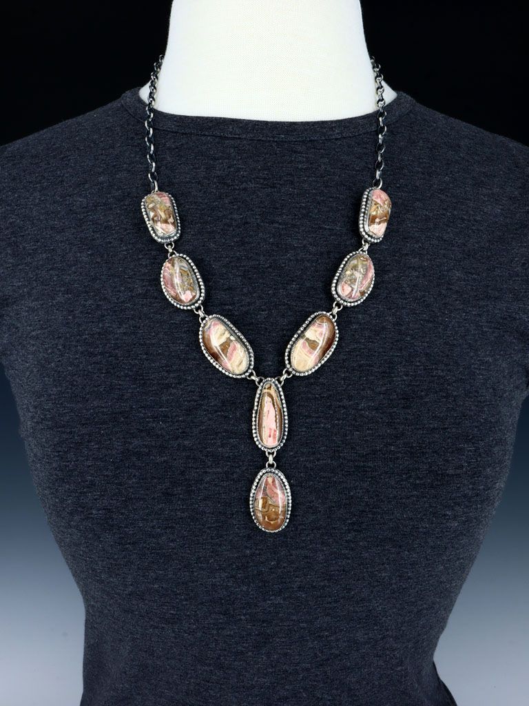 Native American Rhodochrosite Sterling Silver Lariat Necklace and Earring Set - PuebloDirect.com