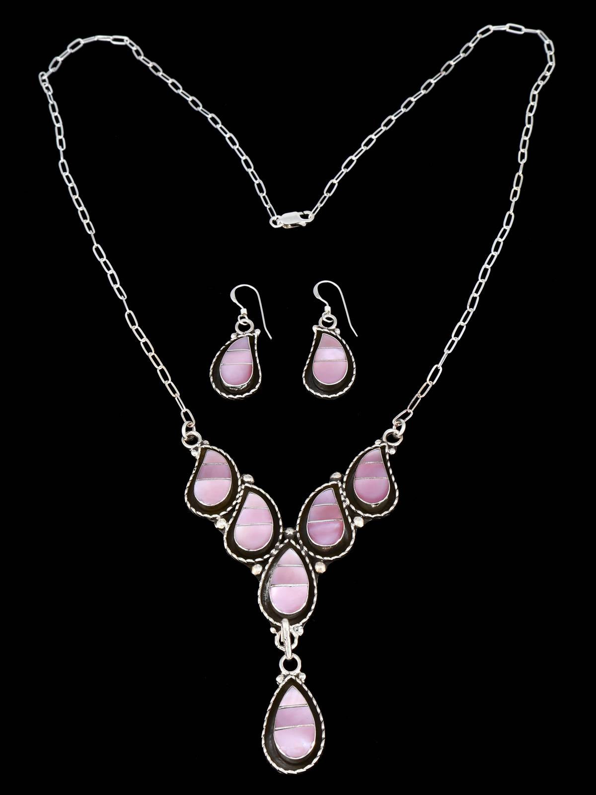 Sterling Silver Zuni Inlay Pink Shell Necklace and Earrings Set