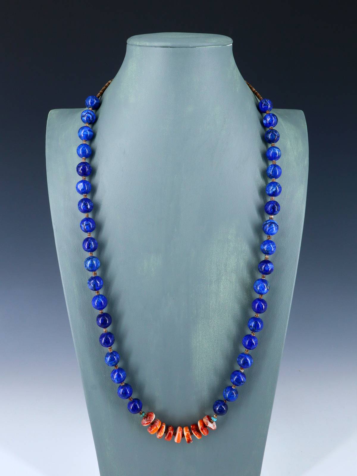 Native American Jewelry Single Strand Lapis and Spiny Oyster Necklace