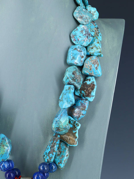 Santo Domingo Two Strand Chunky Turquoise and Coral Jocla Necklace