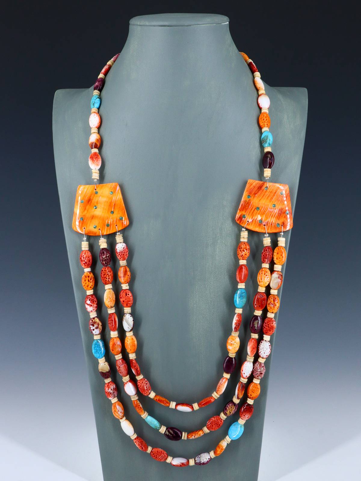 Native American Santo Domingo Spiny Oyster Mosaic Necklace - PuebloDirect.com