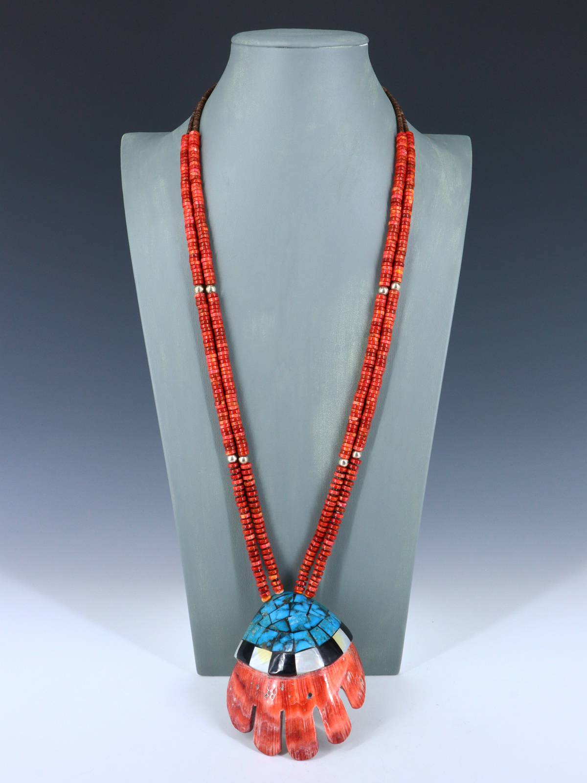 Native American Santo Domingo Apple Coral and Heishi Necklace with Inlaid Shell - PuebloDirect.com