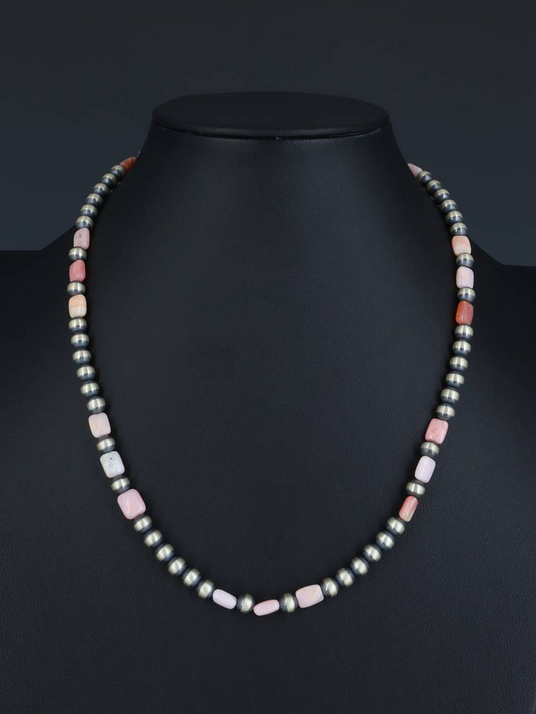 Navajo Jewelry Pink Conch Sterling Silver Beaded Necklace - PuebloDirect.com