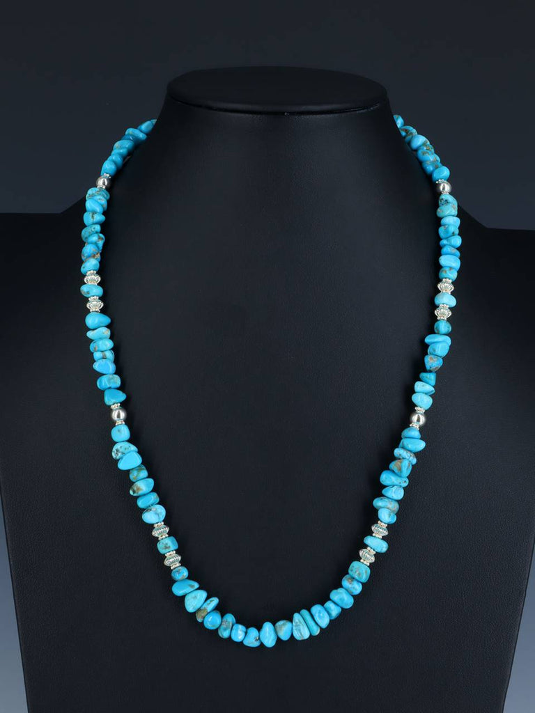 Navajo Turquoise and Sterling Silver Single Strand Beaded Necklace - PuebloDirect.com