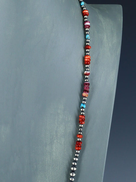 Native American Turquoise, Spiny Oyster and Silver Bead Necklace - PuebloDirect.com