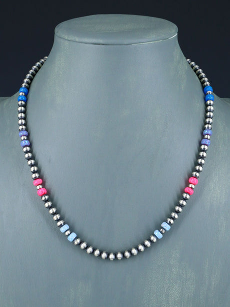 18" Native American Opalite and Silver Bead Necklace - PuebloDirect.com