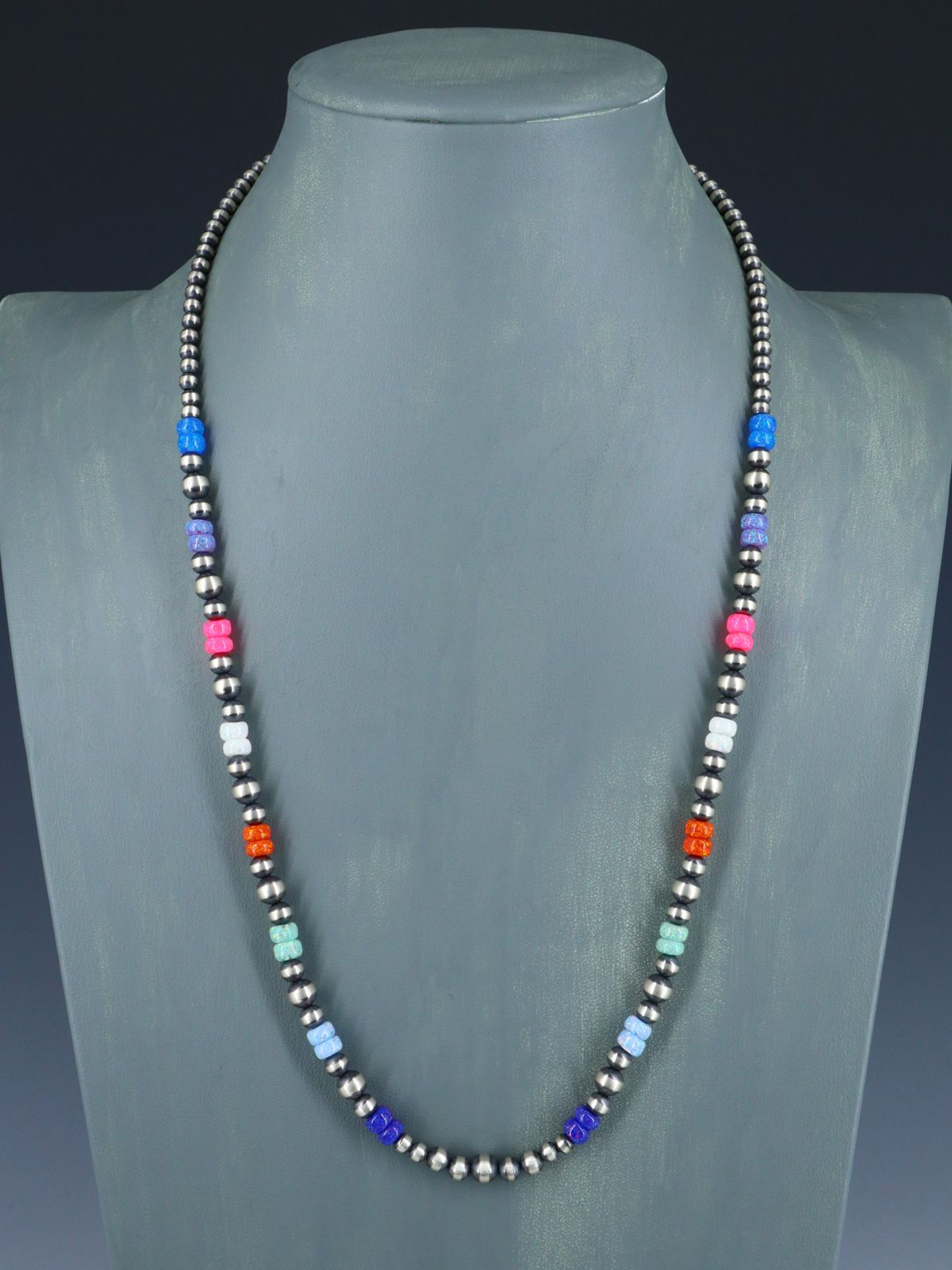 24" Native American Opalite and Silver Bead Necklace - PuebloDirect.com