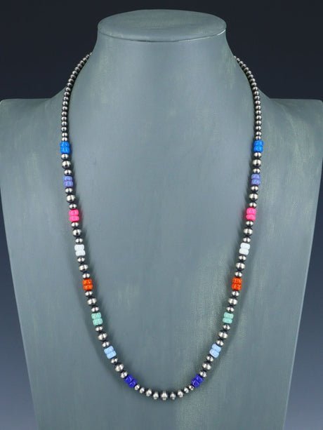 24" Native American Opalite and Silver Bead Necklace - PuebloDirect.com