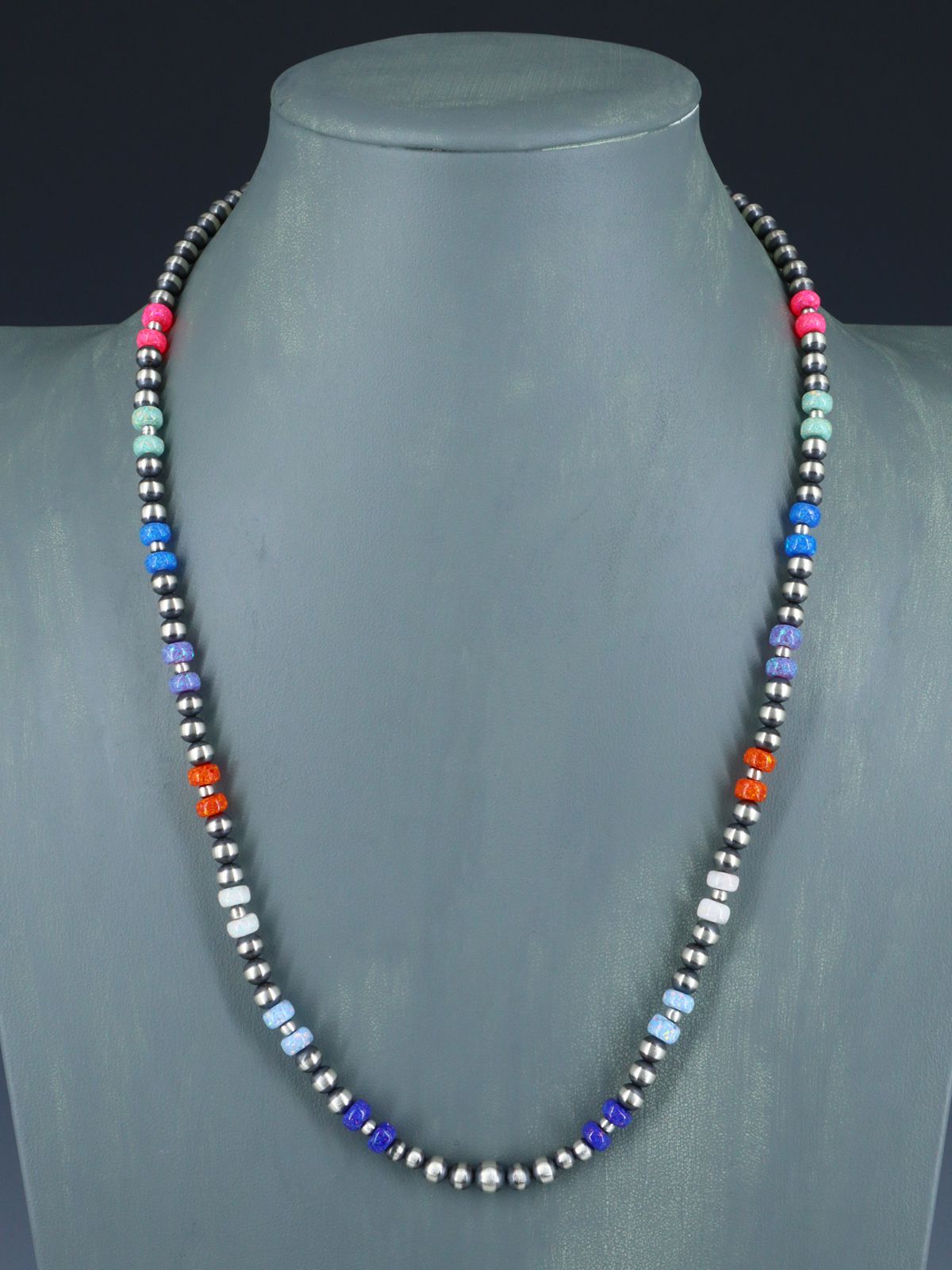 22" Native American Opalite and Silver Bead Necklace - PuebloDirect.com