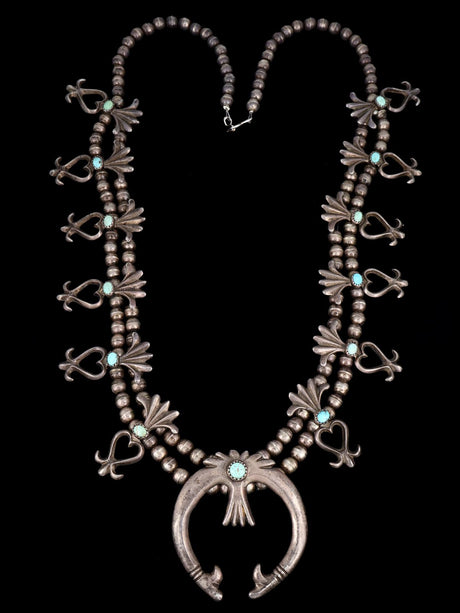 Vintage Native American Turquoise Sterling Silver Squash Blossom Necklace - PuebloDirect.com