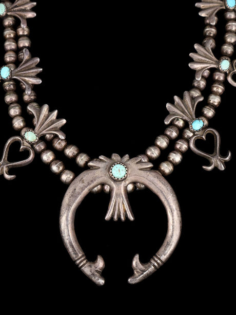 Vintage Native American Turquoise Sterling Silver Squash Blossom Necklace - PuebloDirect.com