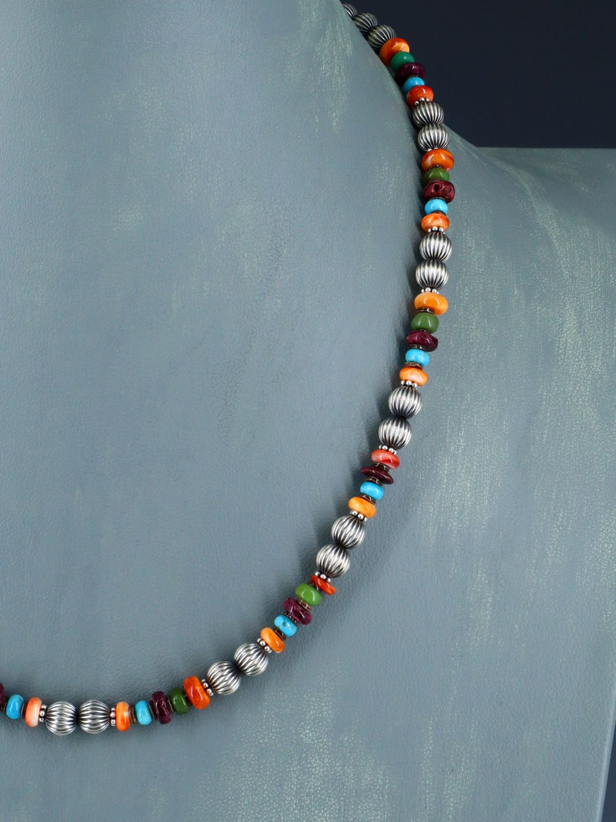 Native American Spiny Oyster and Turquoise Silver Beaded Necklace - PuebloDirect.com