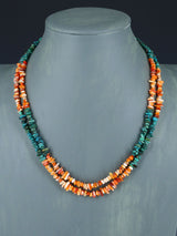 19" Native American Two Strand Turquoise and Spiny Oyster Necklace - PuebloDirect.com
