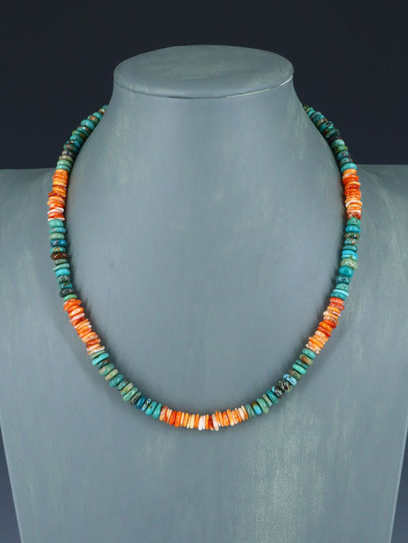 19" Native American Single Strand Turquoise and Spiny Oyster Necklace - PuebloDirect.com