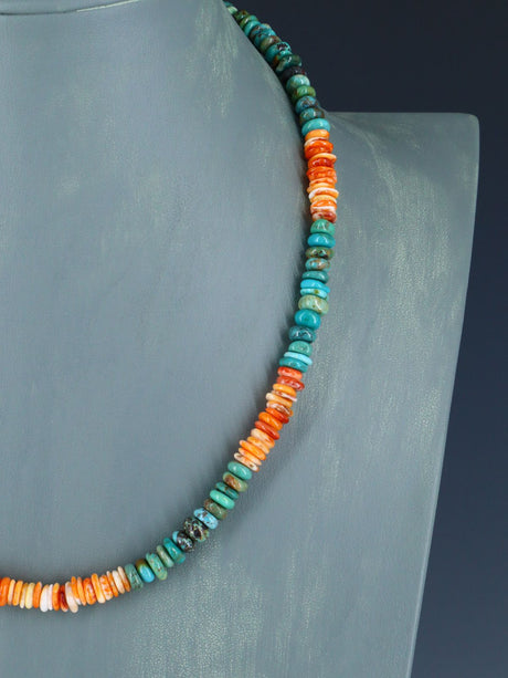 19" Native American Single Strand Turquoise and Spiny Oyster Necklace - PuebloDirect.com