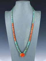 Native American Jewelry Single Strand Orange Spiny Oyster and Turquoise Necklace - PuebloDirect.com