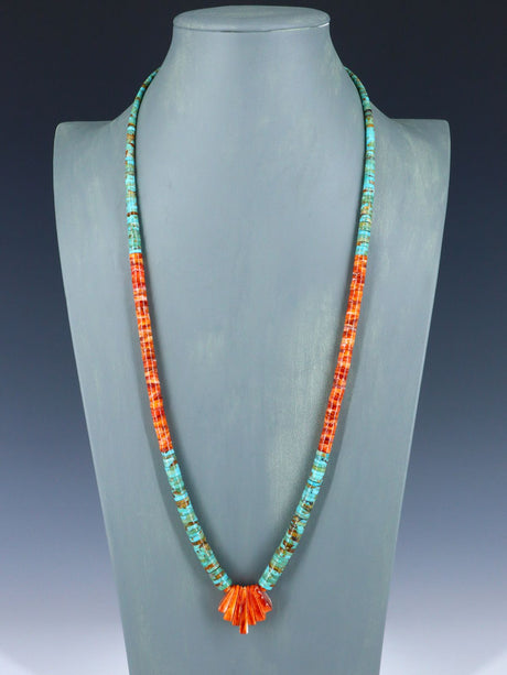 Native American Jewelry Single Strand Orange Spiny Oyster and Turquoise Necklace - PuebloDirect.com