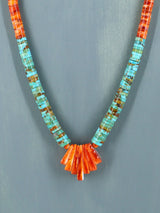 Native American Jewelry Single Strand Orange Spiny Oyster and Turquoise Necklace - PuebloDirect.com