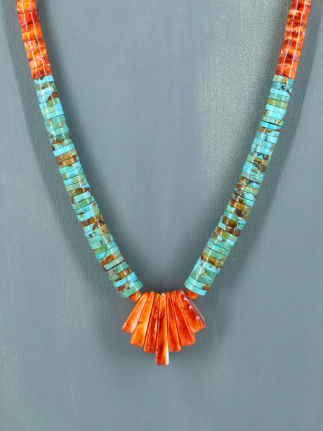 Native American Jewelry Single Strand Orange Spiny Oyster and Turquoise Necklace - PuebloDirect.com
