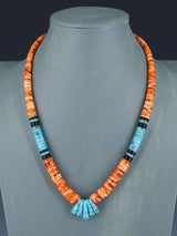 Native American Jewelry Single Strand Orange Spiny Oyster and Turquoise Necklace - PuebloDirect.com
