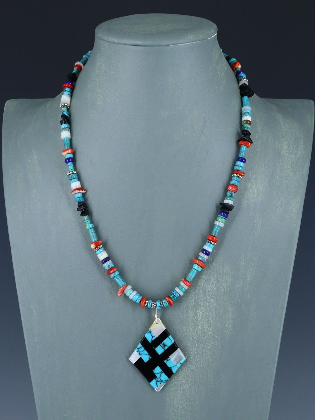 Native American Santo Domingo Turquoise Mosaic Inlay Necklace - PuebloDirect.com