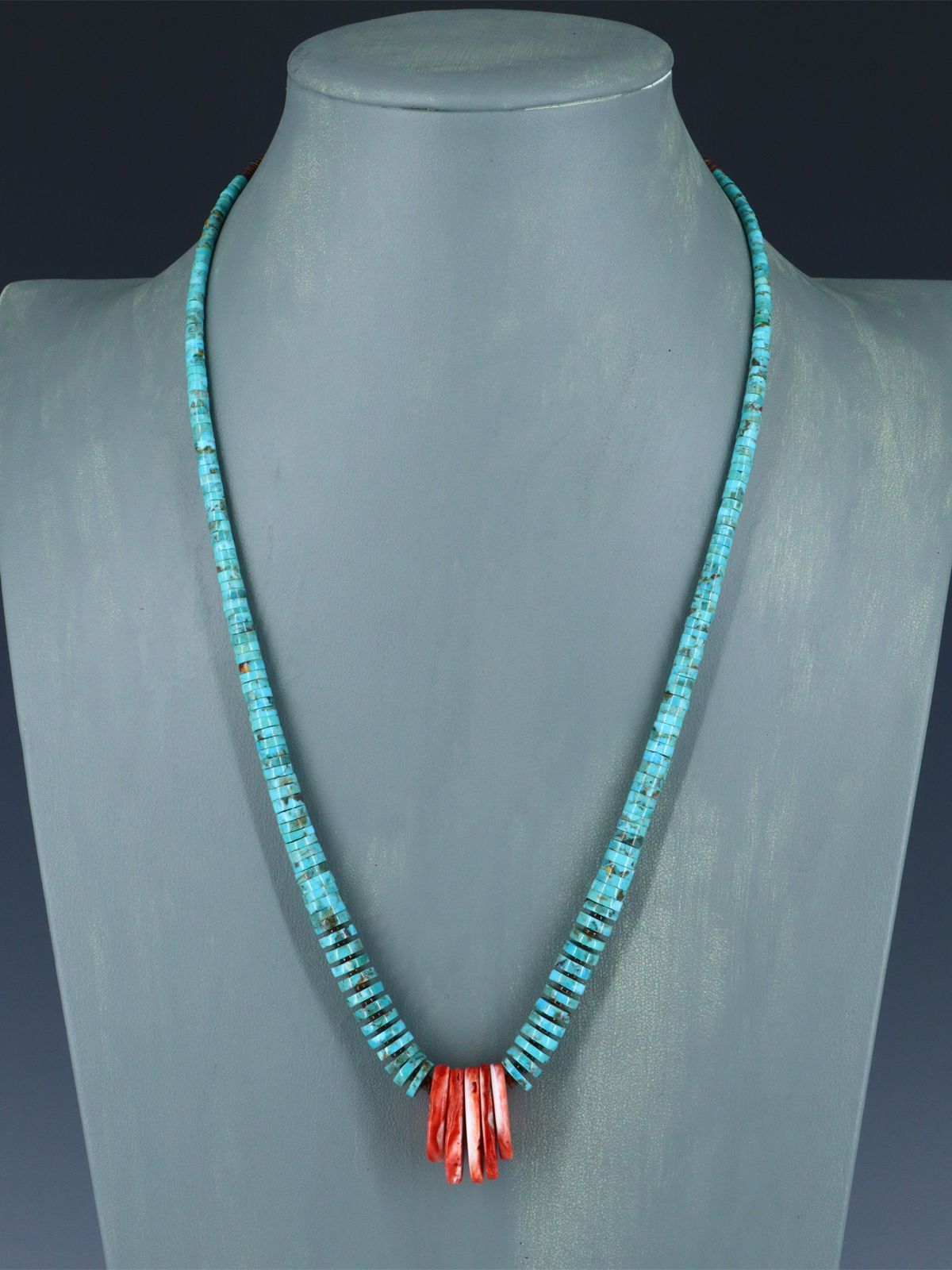 Native American Graduated Turquoise and Spiny Oyster Necklace - PuebloDirect.com