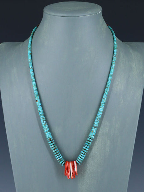 Native American Graduated Turquoise and Spiny Oyster Necklace - PuebloDirect.com