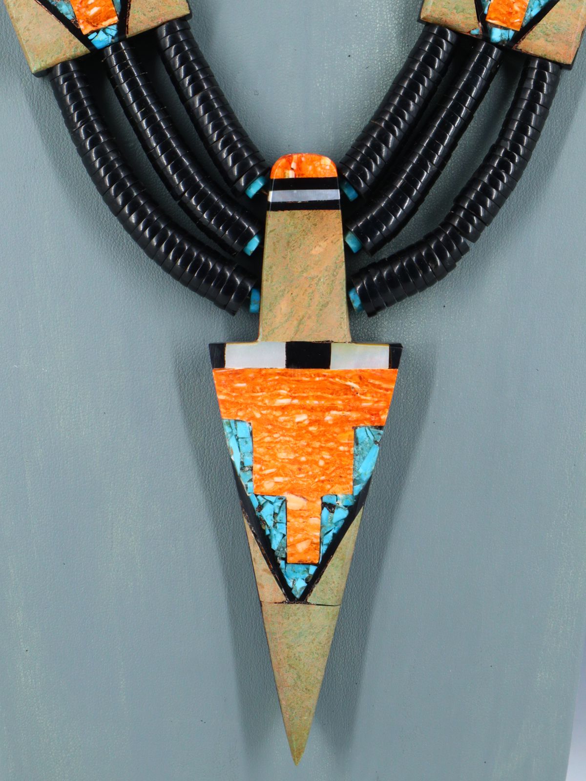 Native American Santo Domingo Jasper Mosaic Inlay Necklace - PuebloDirect.com