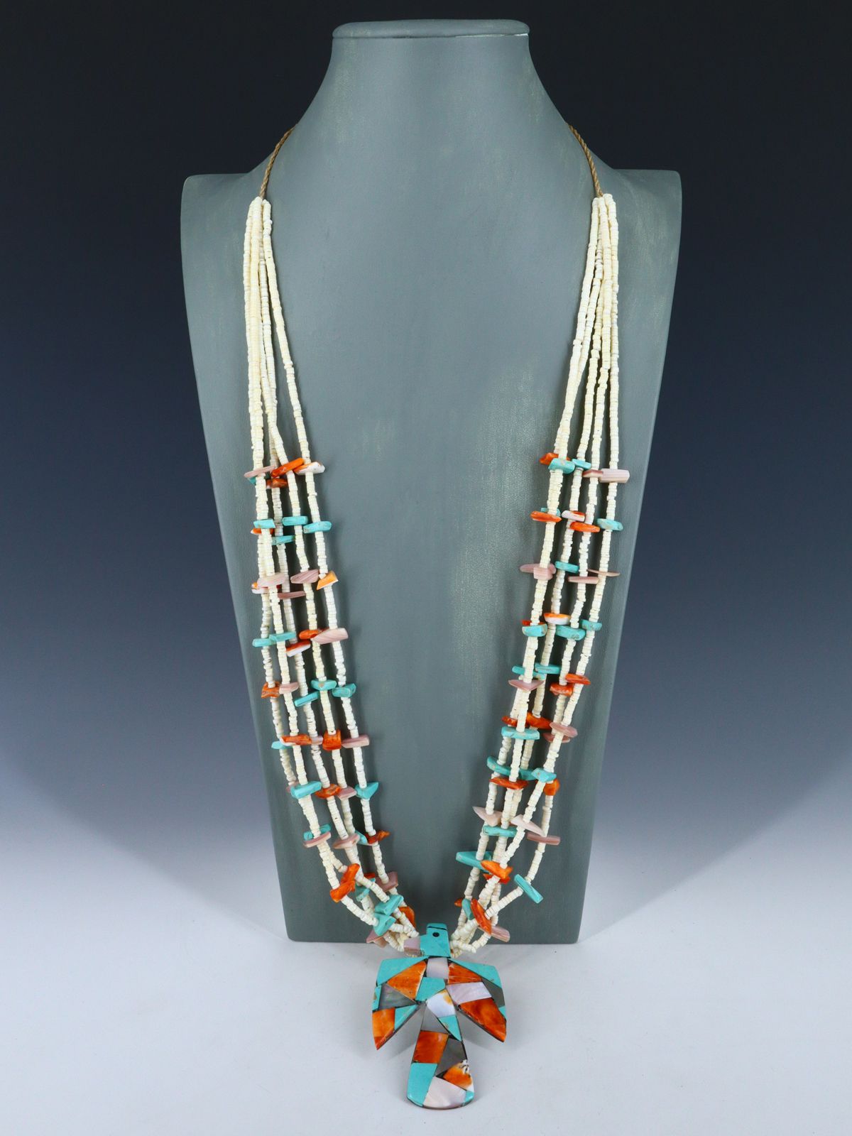 Santo Domingo Jewelry Five Strand Heishi Mosaic Thunderbird Necklace - PuebloDirect.com