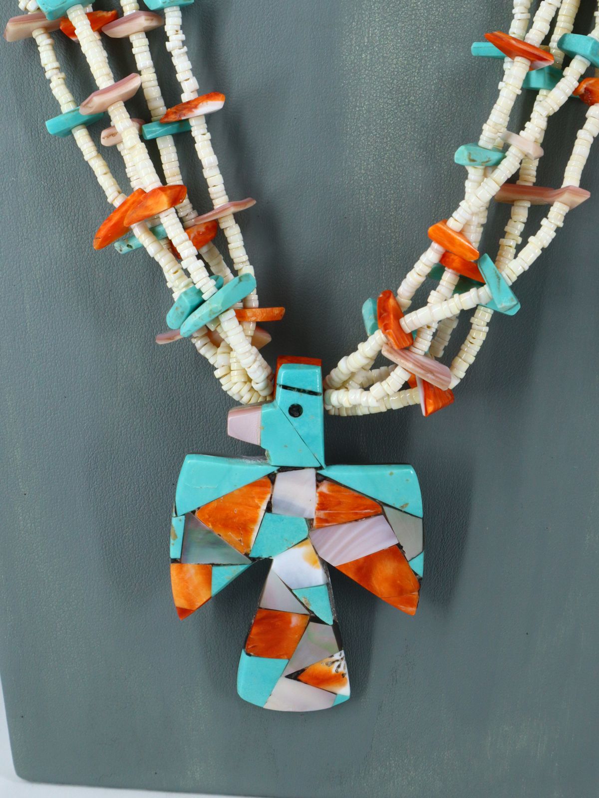 Santo Domingo Jewelry Five Strand Heishi Mosaic Thunderbird Necklace - PuebloDirect.com