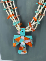 Santo Domingo Jewelry Five Strand Heishi Mosaic Thunderbird Necklace - PuebloDirect.com