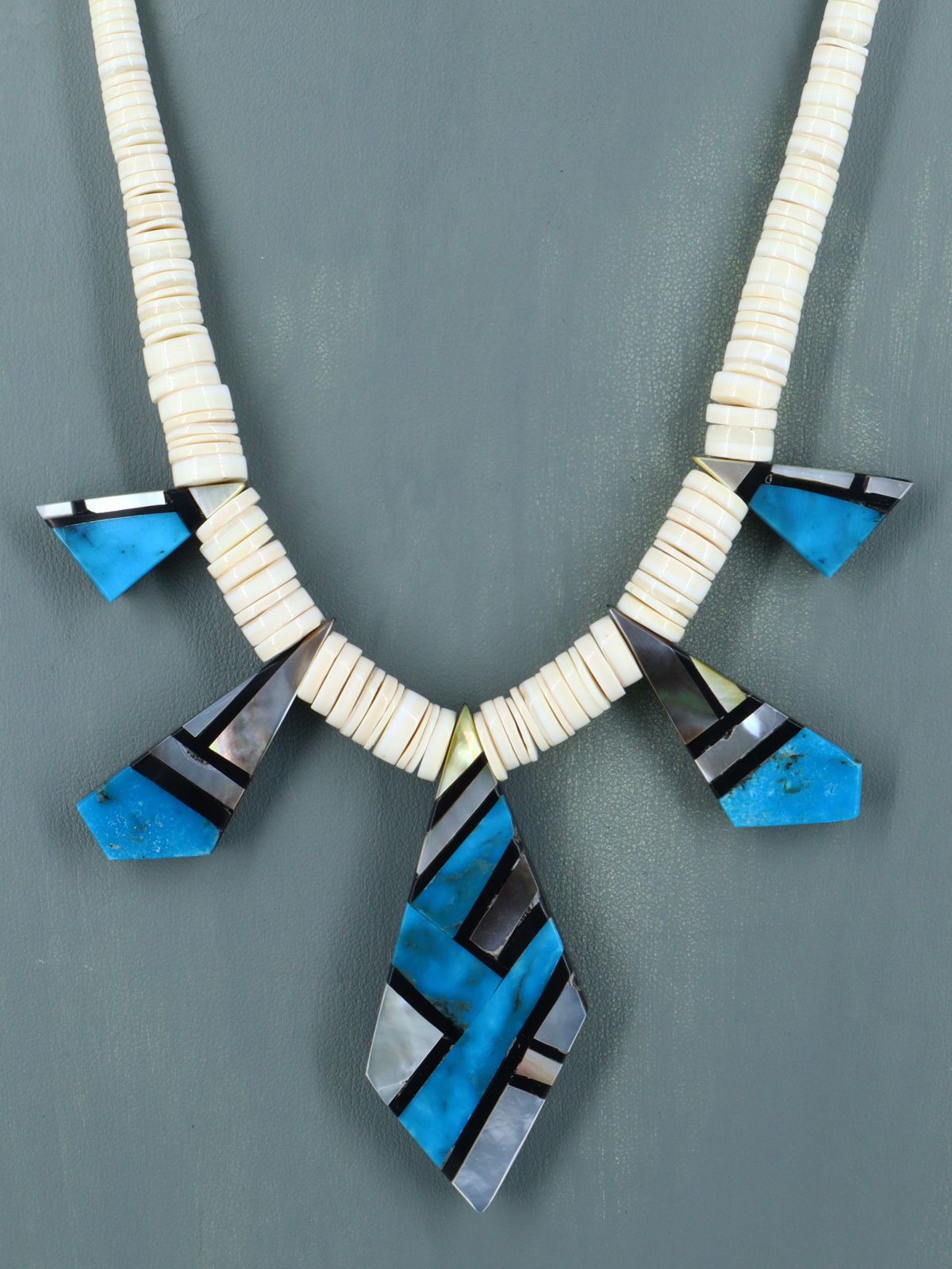Native American Santo Domingo Turquoise Mosaic Inlay Necklace - PuebloDirect.com