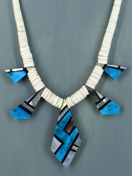 Native American Santo Domingo Turquoise Mosaic Inlay Necklace - PuebloDirect.com