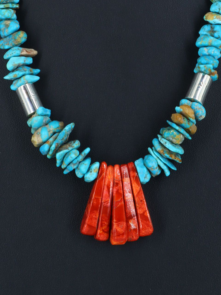 Native American Santo Domingo Turquoise and Coral Necklace - PuebloDirect.com