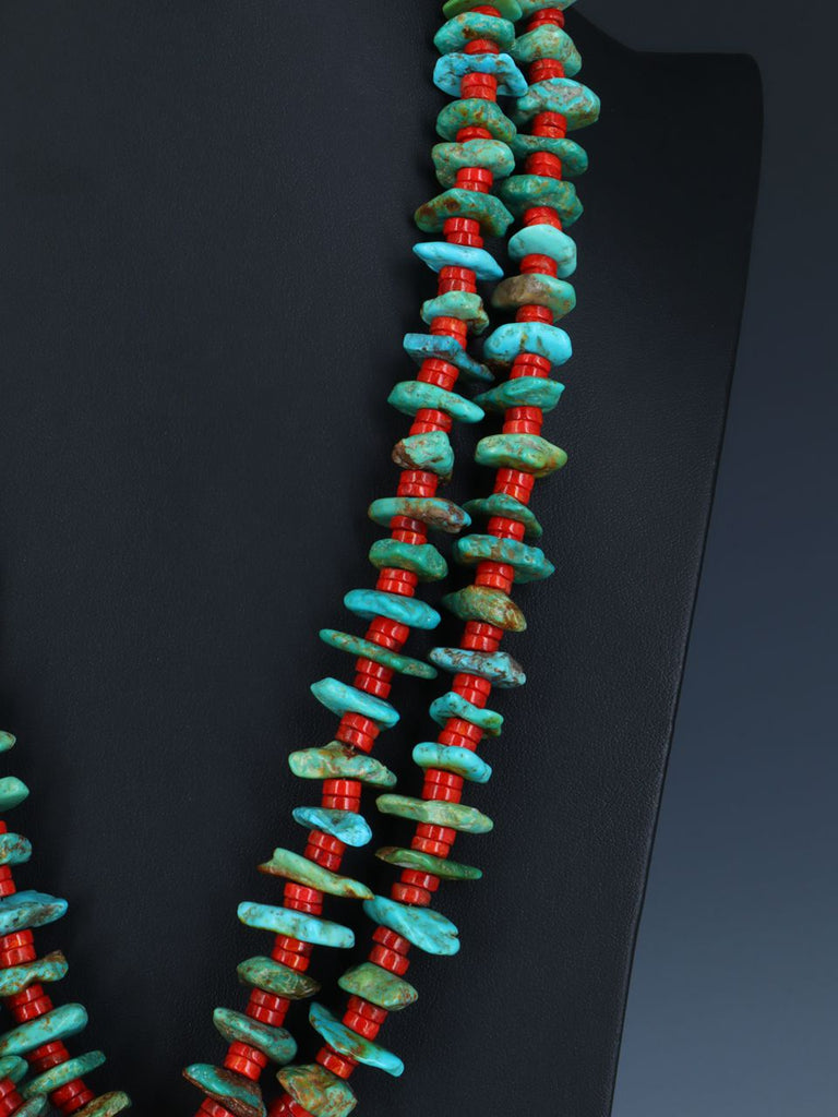 Santo Domingo Two Strand Turquoise and Apple Coral Jocla Necklace - PuebloDirect.com