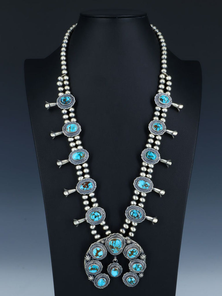 Lone Mountain Turquoise Sterling Silver Squash Blossom Necklace Set - PuebloDirect.com