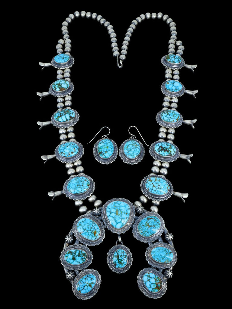 Native American Kingman Turquoise Squash Blossom Necklace Set - PuebloDirect.com