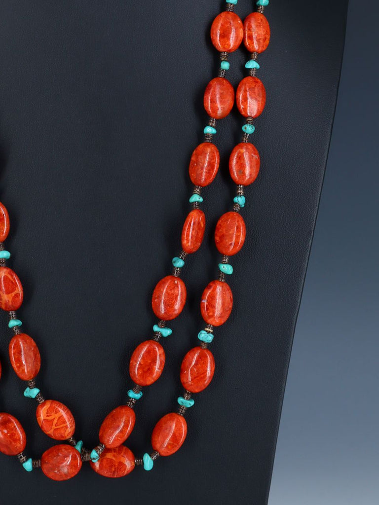 Native American Apple Coral and Turquoise Two Strand Necklace - PuebloDirect.com