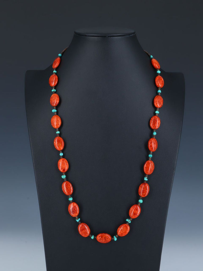 Native American Apple Coral and Turquoise Single Strand Necklace - PuebloDirect.com