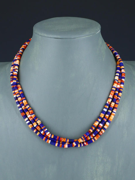 Native American Jewelry Triple Strand Spiny Oyster and Lapis Necklace - PuebloDirect.com