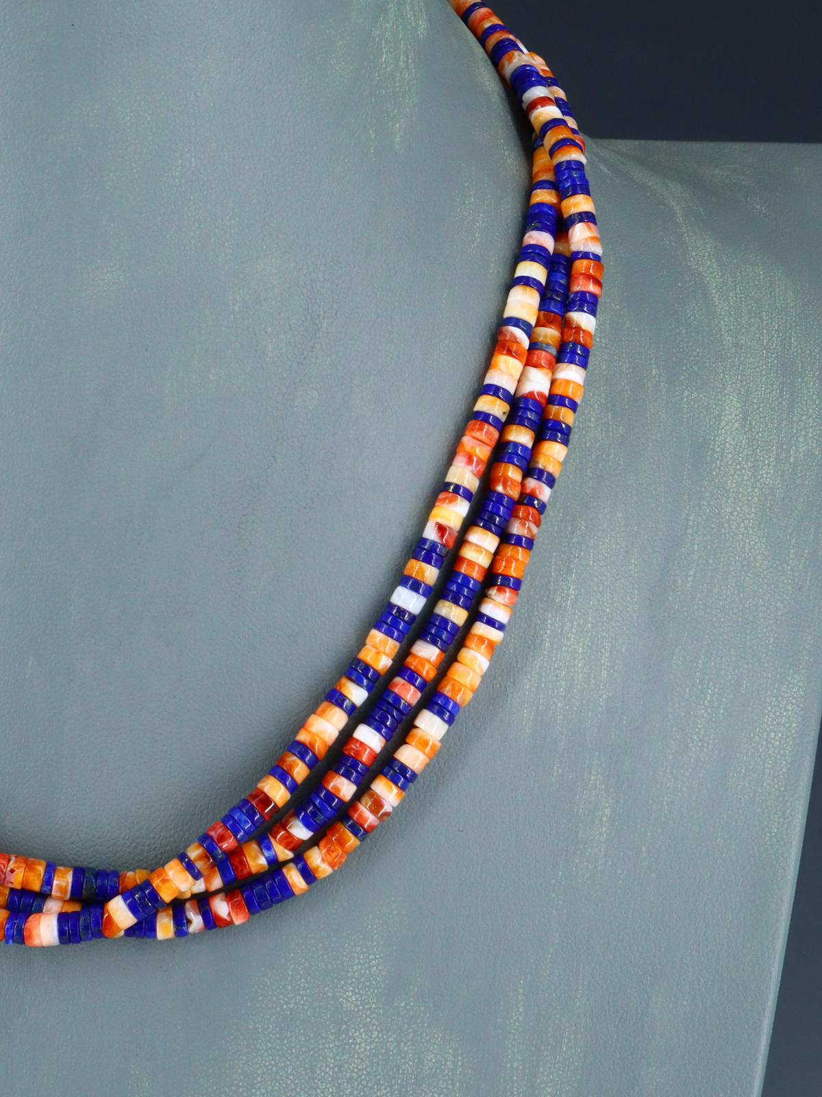 Native American Jewelry Triple Strand Spiny Oyster and Lapis Necklace - PuebloDirect.com