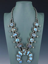 Navajo Sterling Silver Golden Hill Turquoise Squash Blossom Necklace - PuebloDirect.com