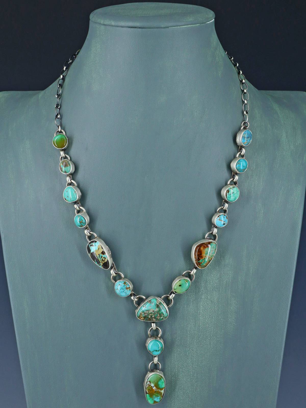 Native American Sterling Silver Blue and Green Turquoise Lariat Necklace - PuebloDirect.com