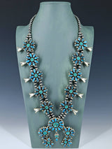 Navajo Jewelry Prince Turquoise and Carved Flower Squash Blossom Necklace