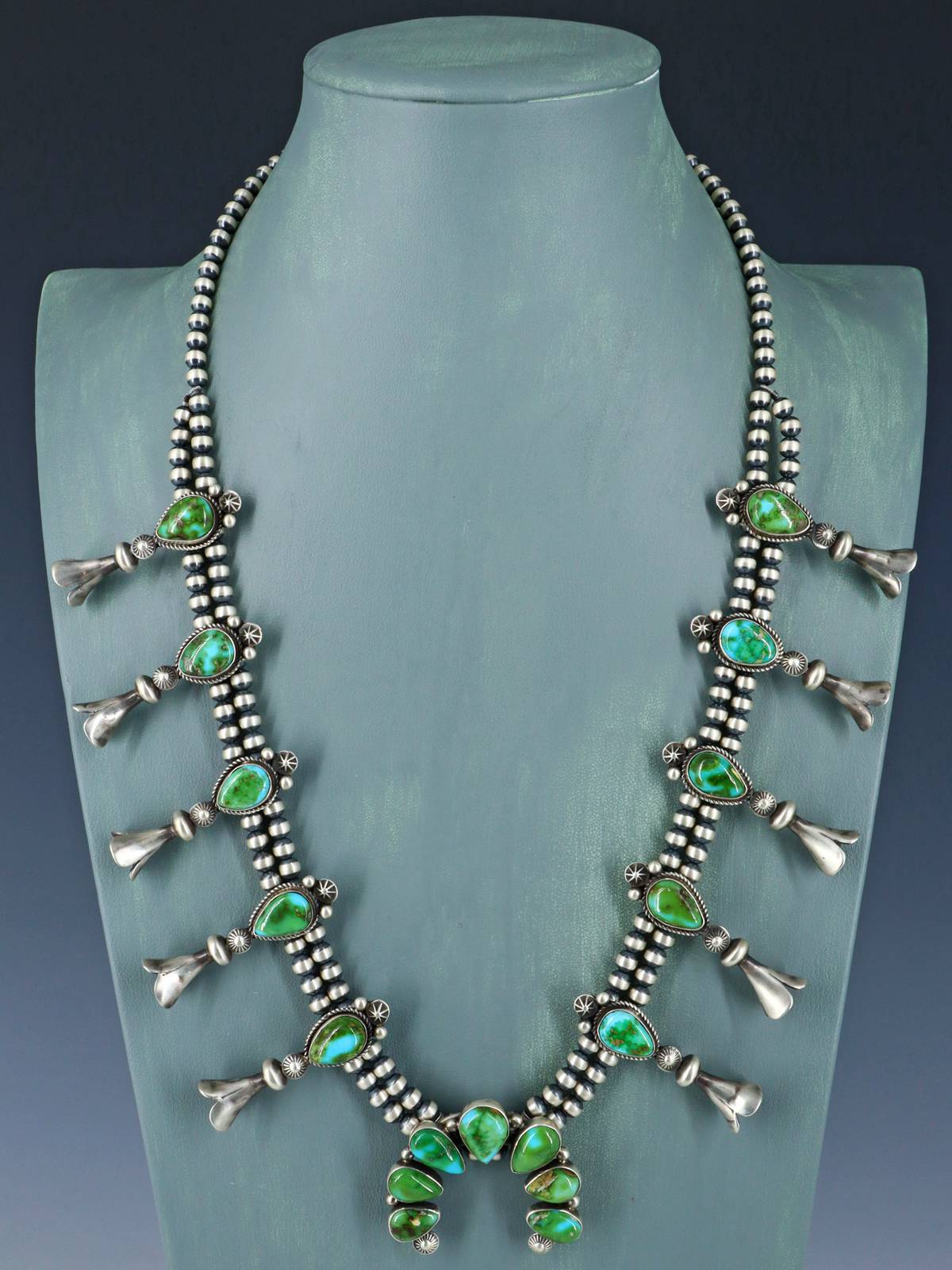 Navajo Jewelry Sonoran Gold Turquoise Squash Blossom Necklace - PuebloDirect.com
