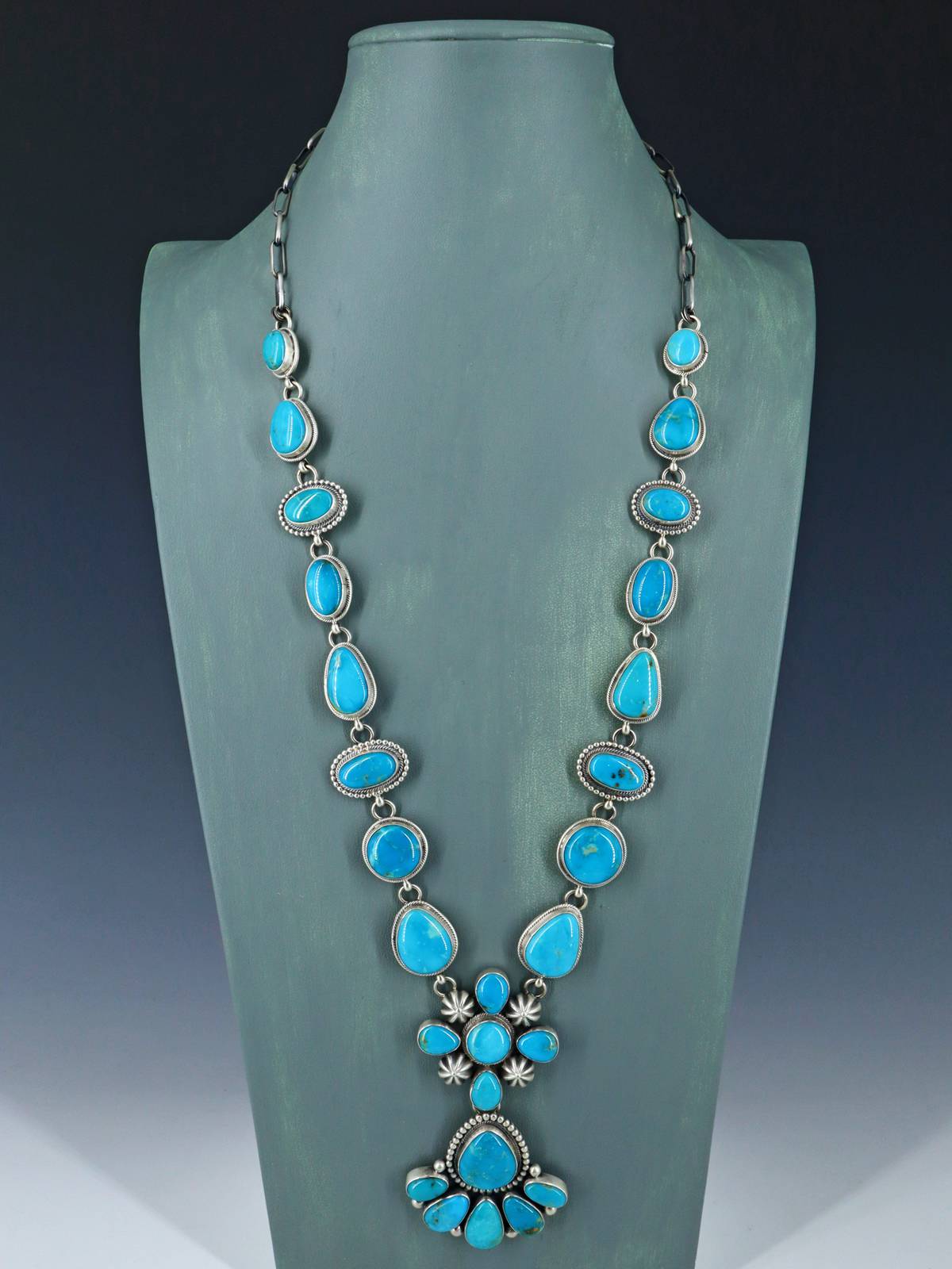 Native American Jewelry Sterling Silver Turquoise Lariat Necklace - PuebloDirect.com