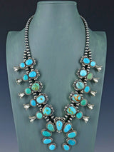 Navajo Blue and Green Turquoise Sterling Silver Squash Blossom Necklace Set