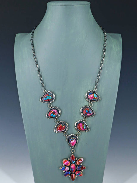 Native American Turquoise and Spiny Oyster Sterling Silver Lariat Necklace and Earring Set - PuebloDirect.com