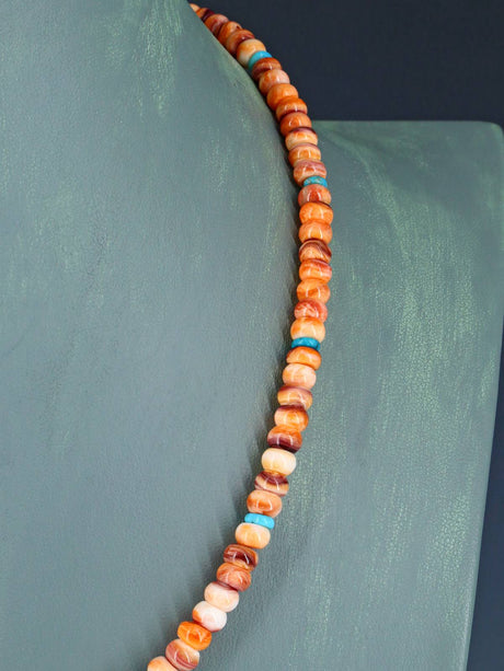 Navajo Single Strand Spiny Oyster and Turquoise Necklace - PuebloDirect.com
